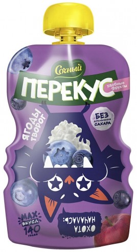 Пюре Сочный Перекус яблоко-черника-голубика с творогом 140гр пауч