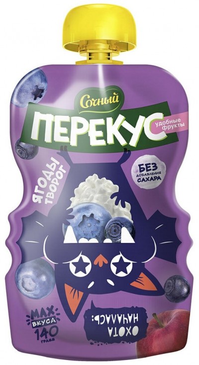 Пюре Сочный Перекус яблоко-черника-голубика с творогом 140гр пауч